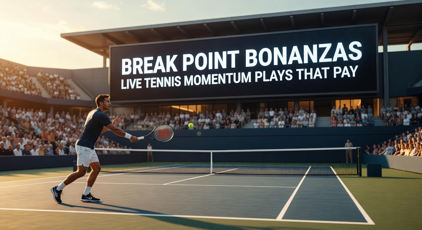 Dynamic tennis match showing a player facing a break point, with crowd in the background, highlighting live betting intensity