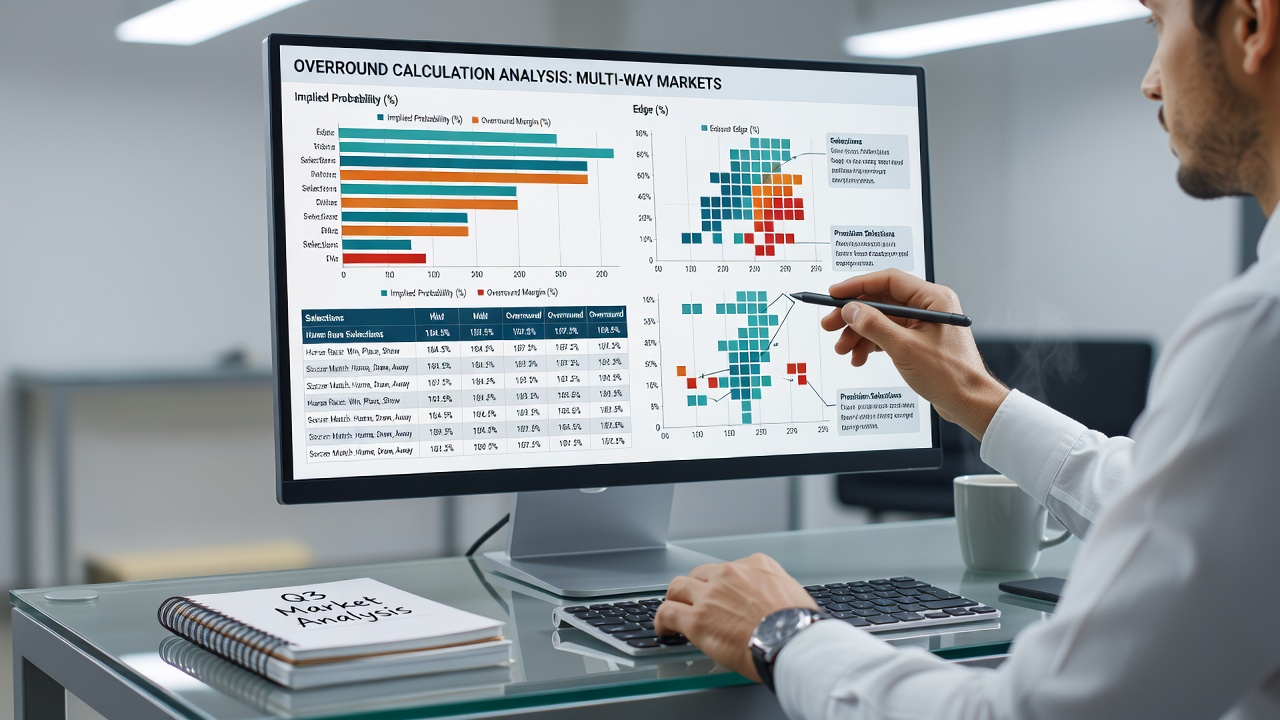 Infographic illustrating step-by-step overround computation in multi-outcome sports and political betting scenarios