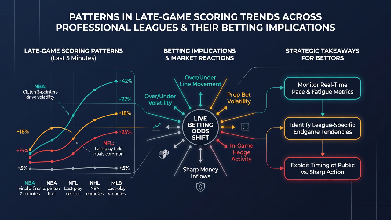 Infographic showing betting odds adjustments based on late-game scoring statistics across leagues