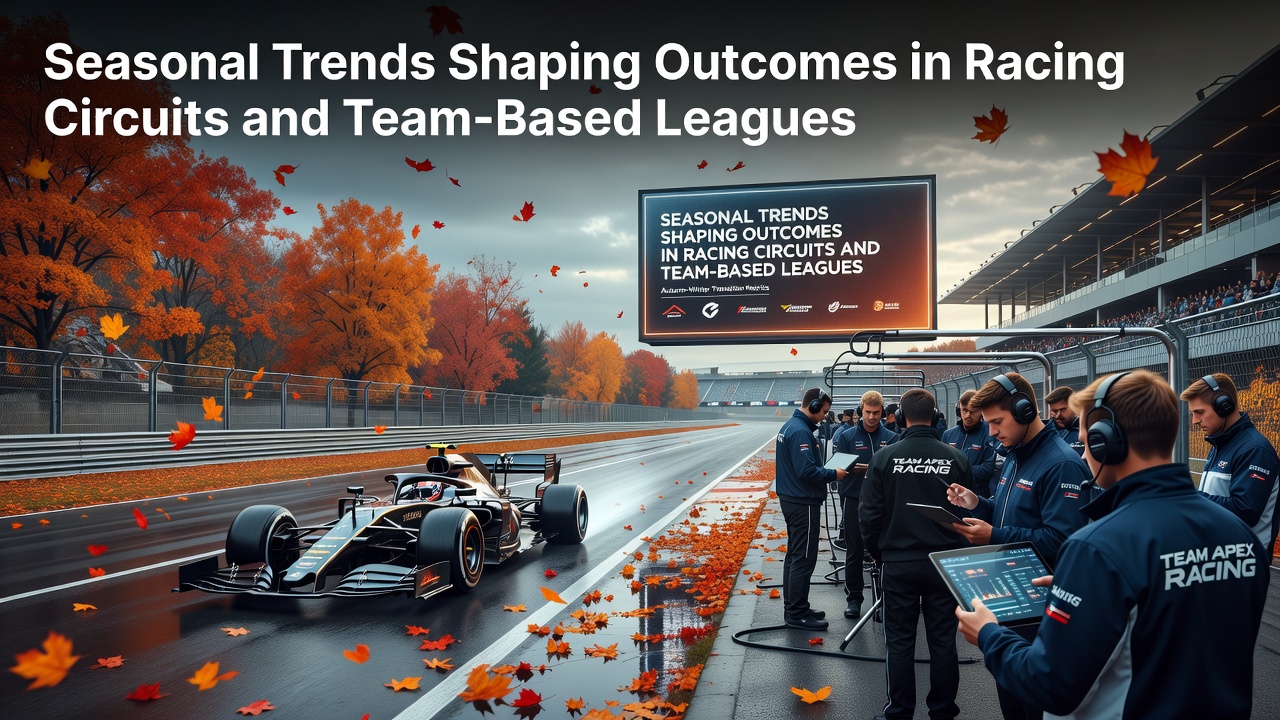 Racing circuit under changing seasonal weather conditions with team vehicles preparing for a race