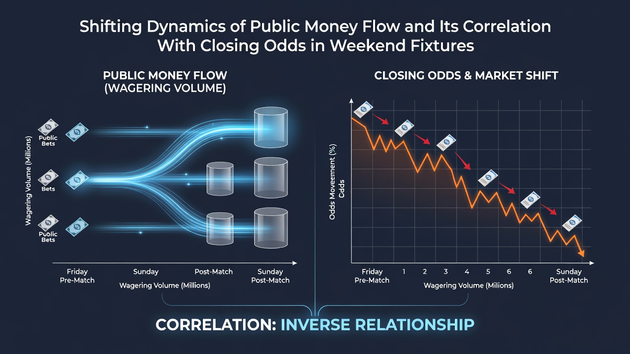 Chart showing correlation between public betting volume and closing odds shifts in weekend games