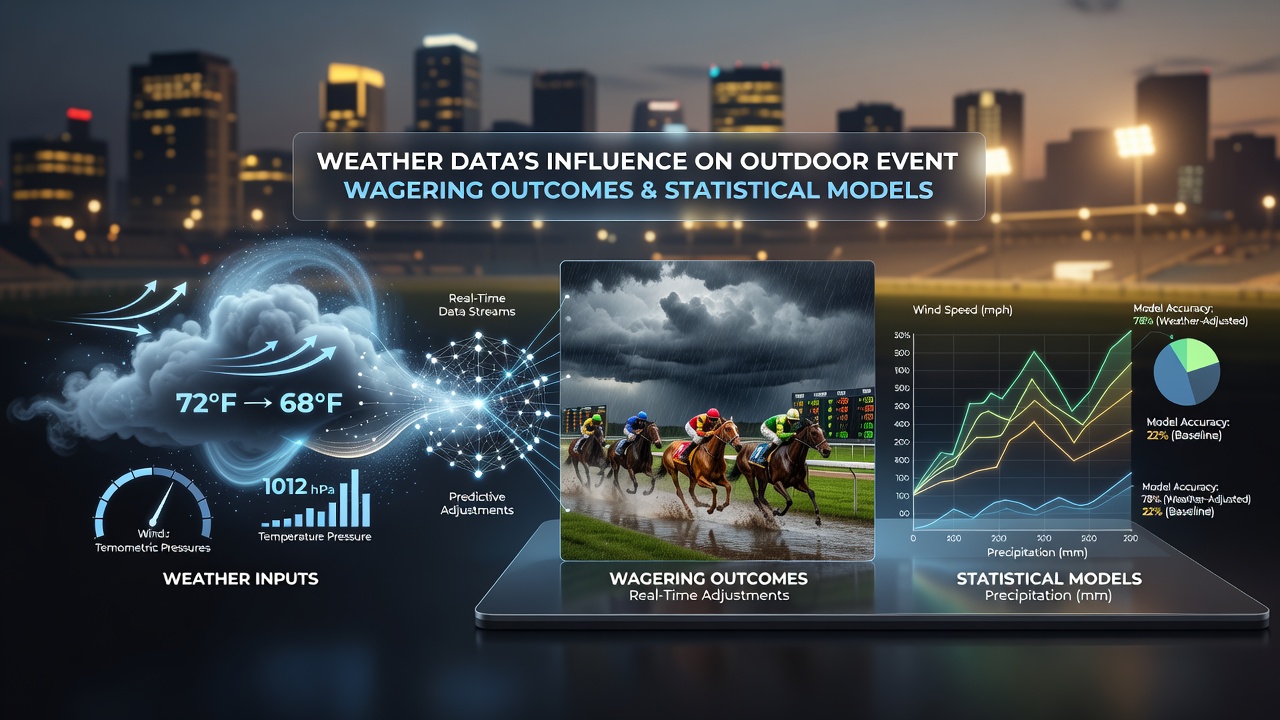 Weather data visualization showing temperature, wind, and precipitation overlays on outdoor sports fields used in betting models