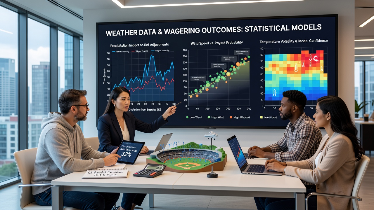 Statistical model dashboard displaying weather-adjusted odds for tennis, golf, and soccer events with real-time data feeds