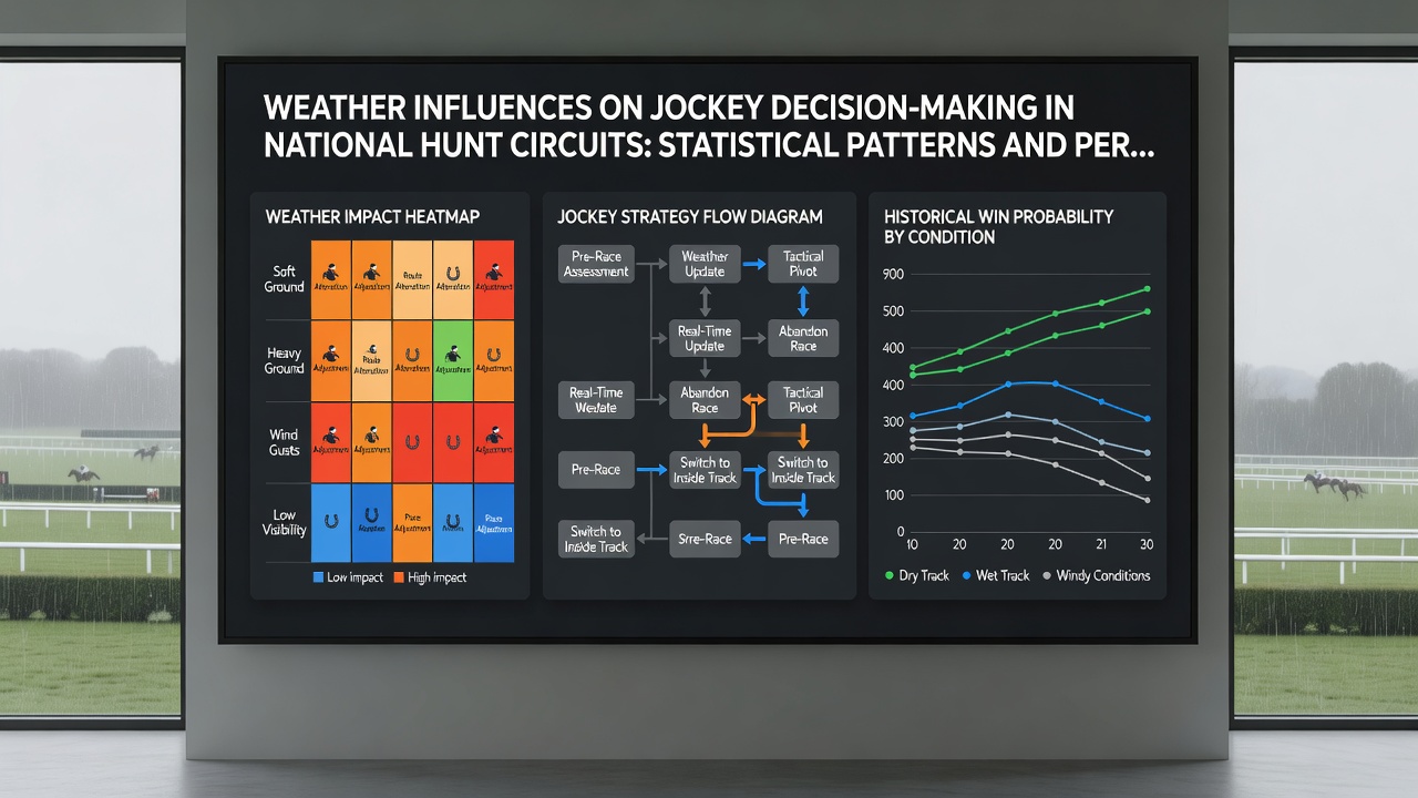 Detailed view of a National Hunt race in variable weather showing jockey positioning and track surface